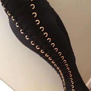 Edgy Black Lace Up Side Leggings with Gold Accents